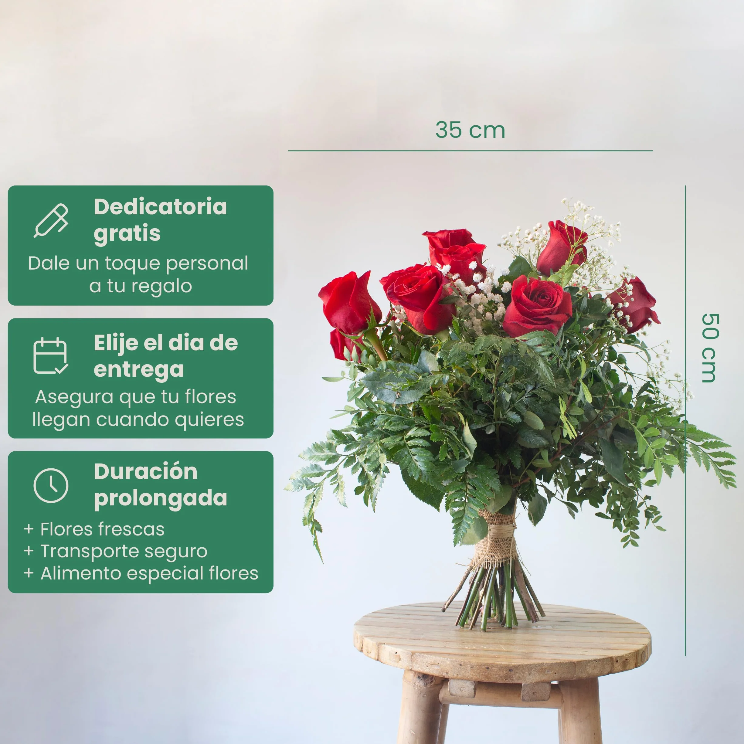 Acurrucalas® Ramo de Flores Rosas Rojas con Dedicatoria 12 Flores Frescas Naturales