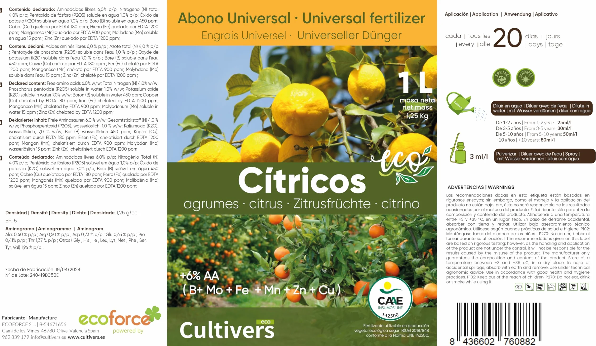 CULTIVERS Abono Cítricos Líquido Ecológico 1L NPK Hierro Zinc Cobre Manganeso Molibdeno Boro + 6% Aminoácidos Fertilizante