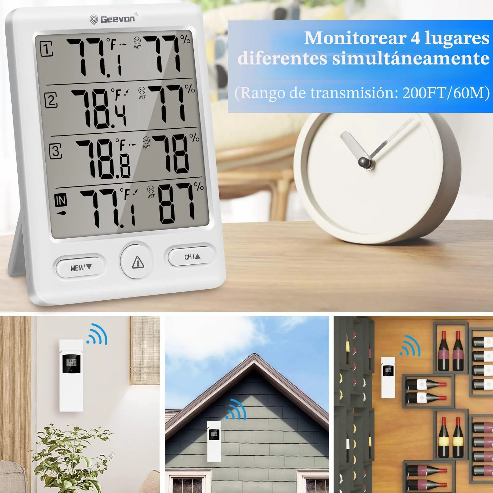 Geevon Termómetro inalámbrico interiores exteriores con 3 sensores remotos higrómetro digital rango 60 m