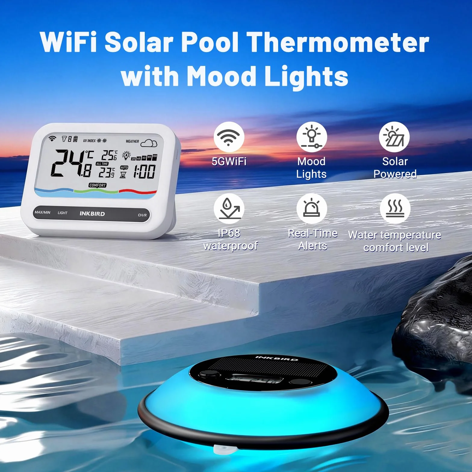 Inkbird IBS-P05R-W Termómetro Piscina WiFi, Luz Colorida, APP Control, Impermeable IP68, Sensor de Luz Automático, Función de Tiempo, Monitor para Spa, Estanques