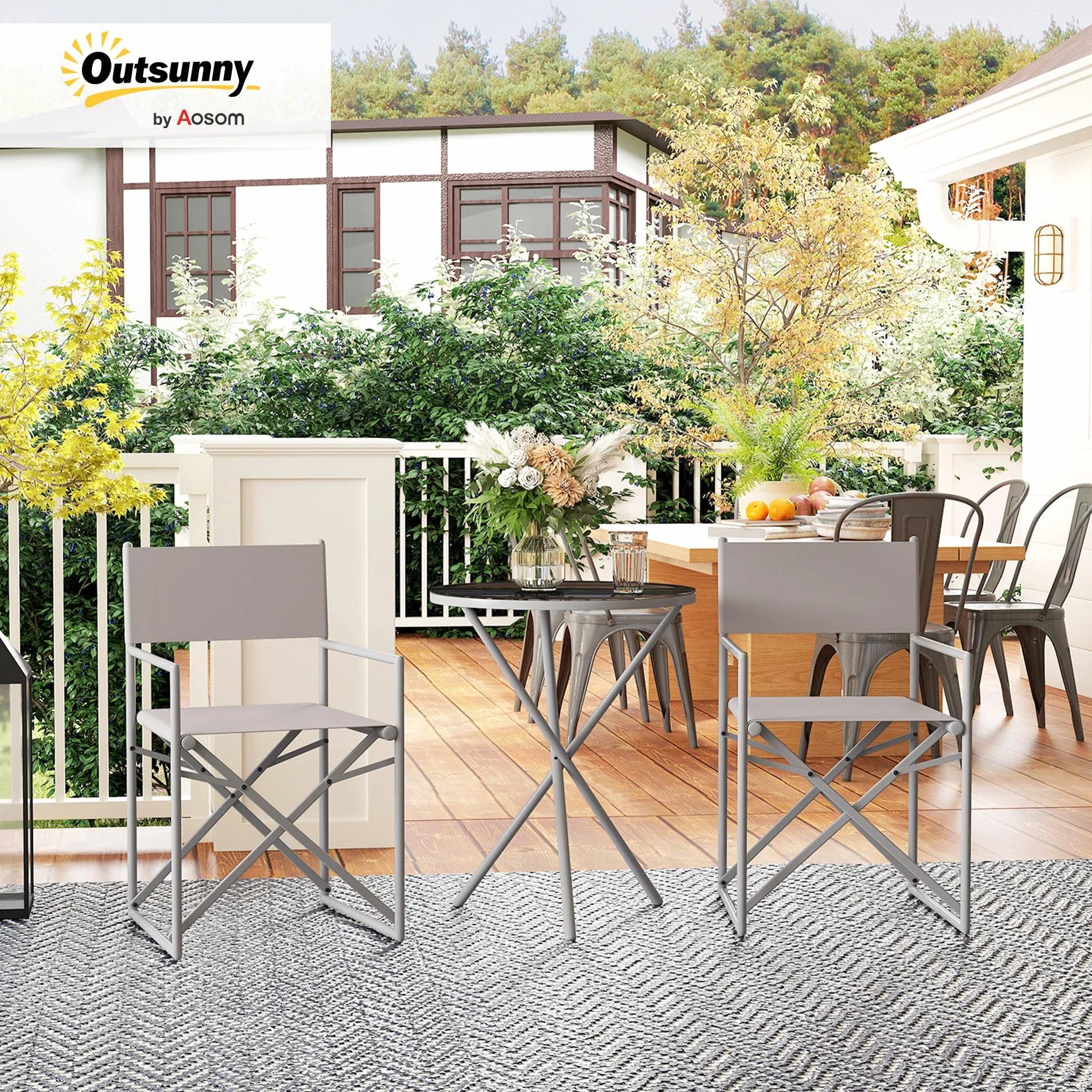 Outsunny Conjunto de Muebles de Jardín de 3 Piezas con Sillas Plegables y Mesa de Vidrio Templado Gris Oscuro