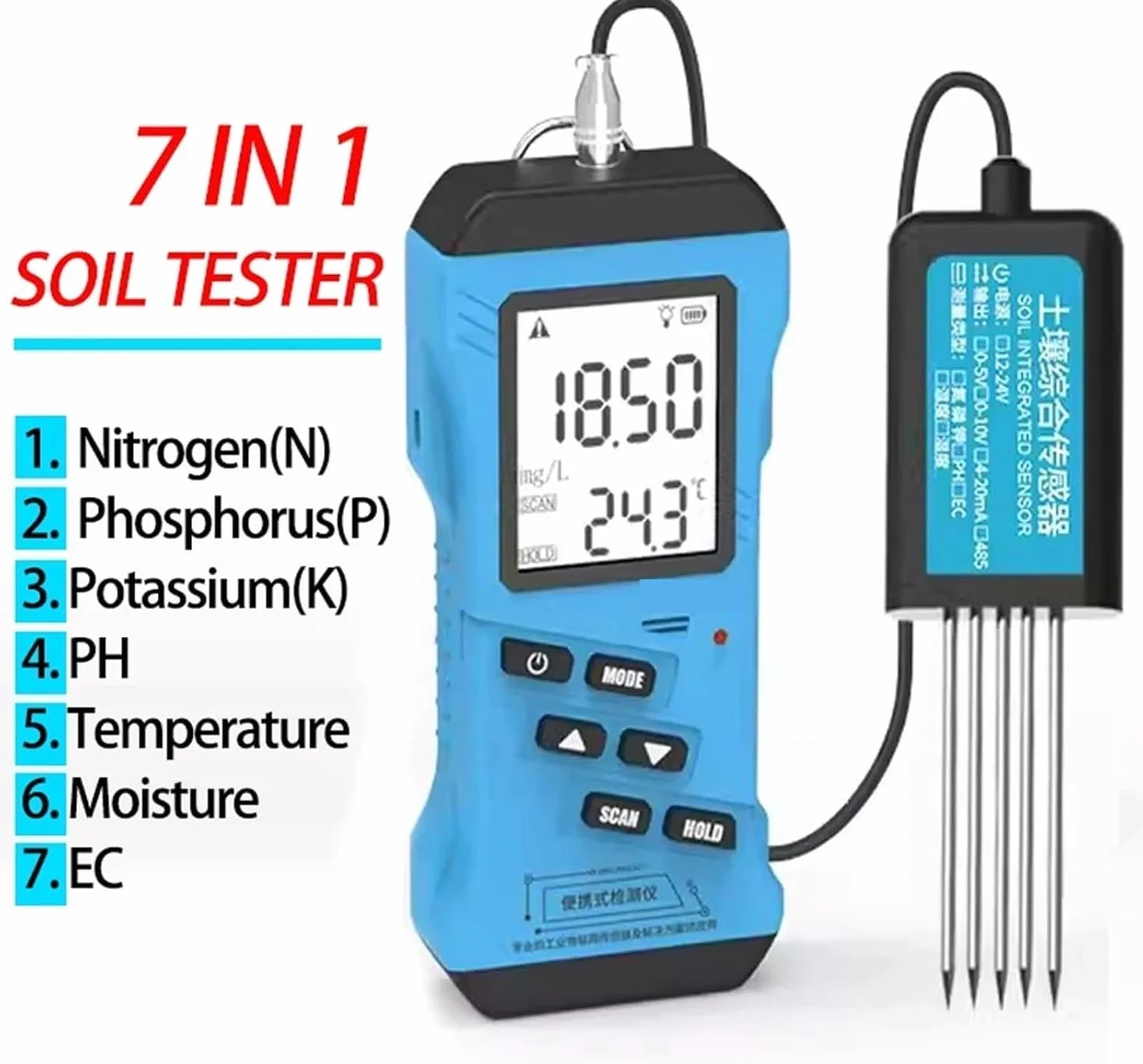 Probador rápido de Suelo 7 en 1, medidor NPK pH Humedad EC para jardinería y Agricultura