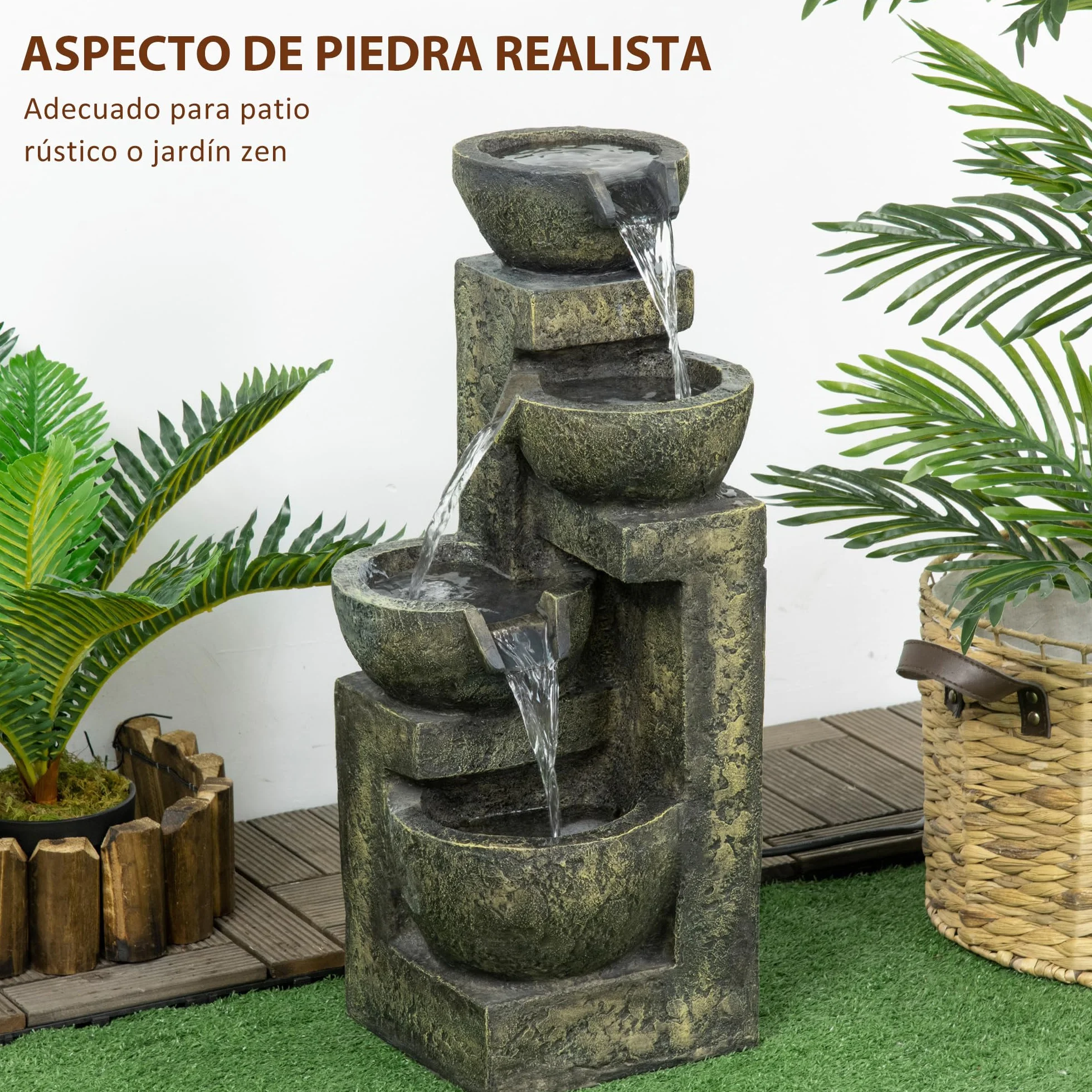 Outsunny Fuente de Jardín 5W Fuente de Agua en Cascada de 4 Niveles con Bomba de Agua y Salida de Agua Ajustable para Decoración Patio 25x24x60 cm Multicolor