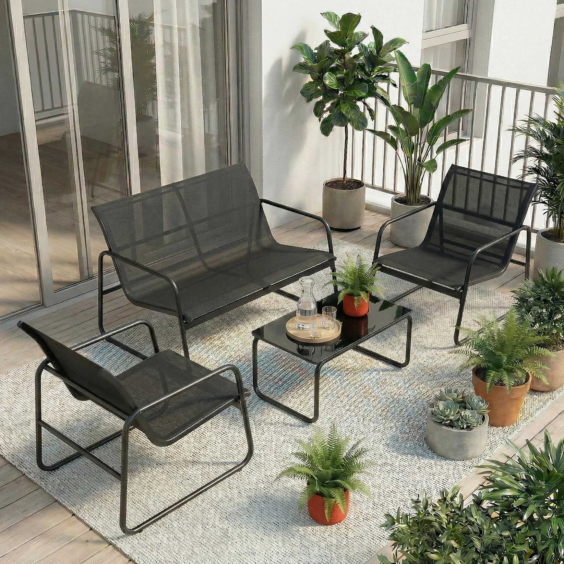 Outsunny Conjunto Jardín Exterior 4 Piezas Sofá 2 Plazas Sillones Mesa Vidrio Templado Textilene Acero Gris Oscuro