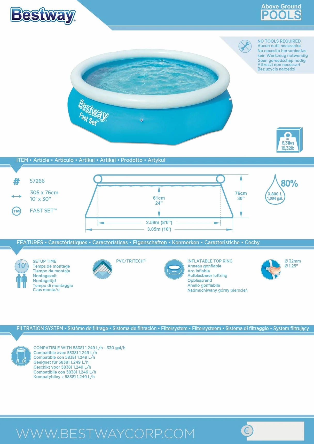 Bestway Fast Set Piscina Redonda Desmontable Autoportante 305 x 76 cm Azul