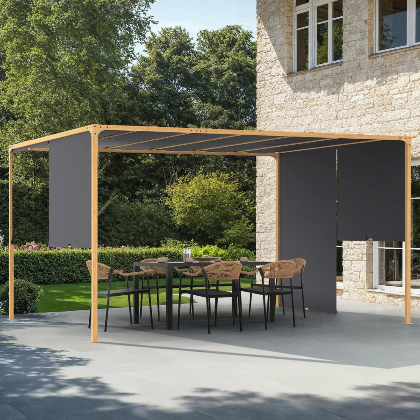 Pérgola corredera 3 x 4 m efecto madera lona gris antracita para jardín