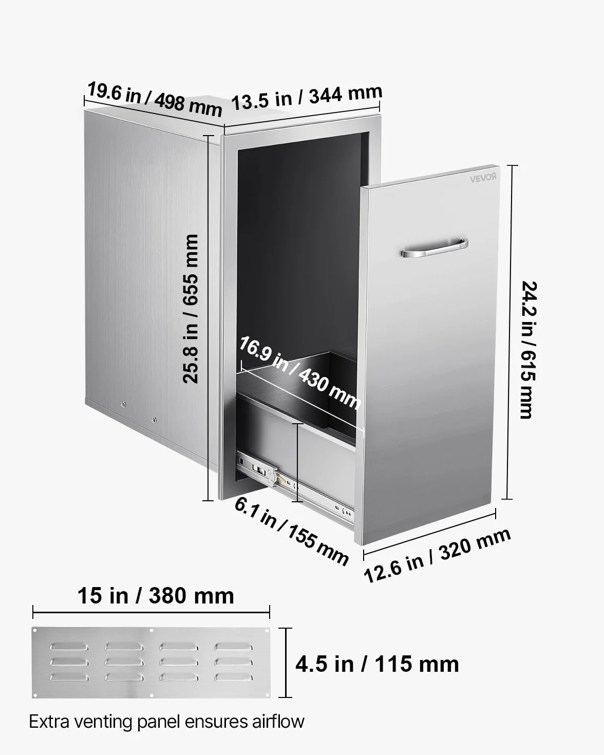 VEVOR Cajón de Basura para Cocina Exterior, Acero Inoxidable, 344 x 498 x 655 mm, Carga Máxima 25 kg