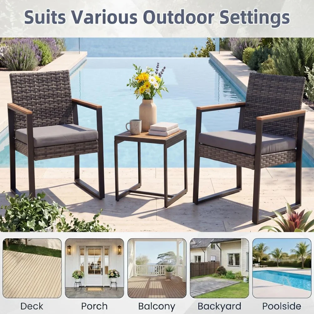LIFEZEAL Set de 3 Piezas Muebles de Ratán PE, Mesa y Sillas Exterior, Cojines y Patas Ajustables Gris