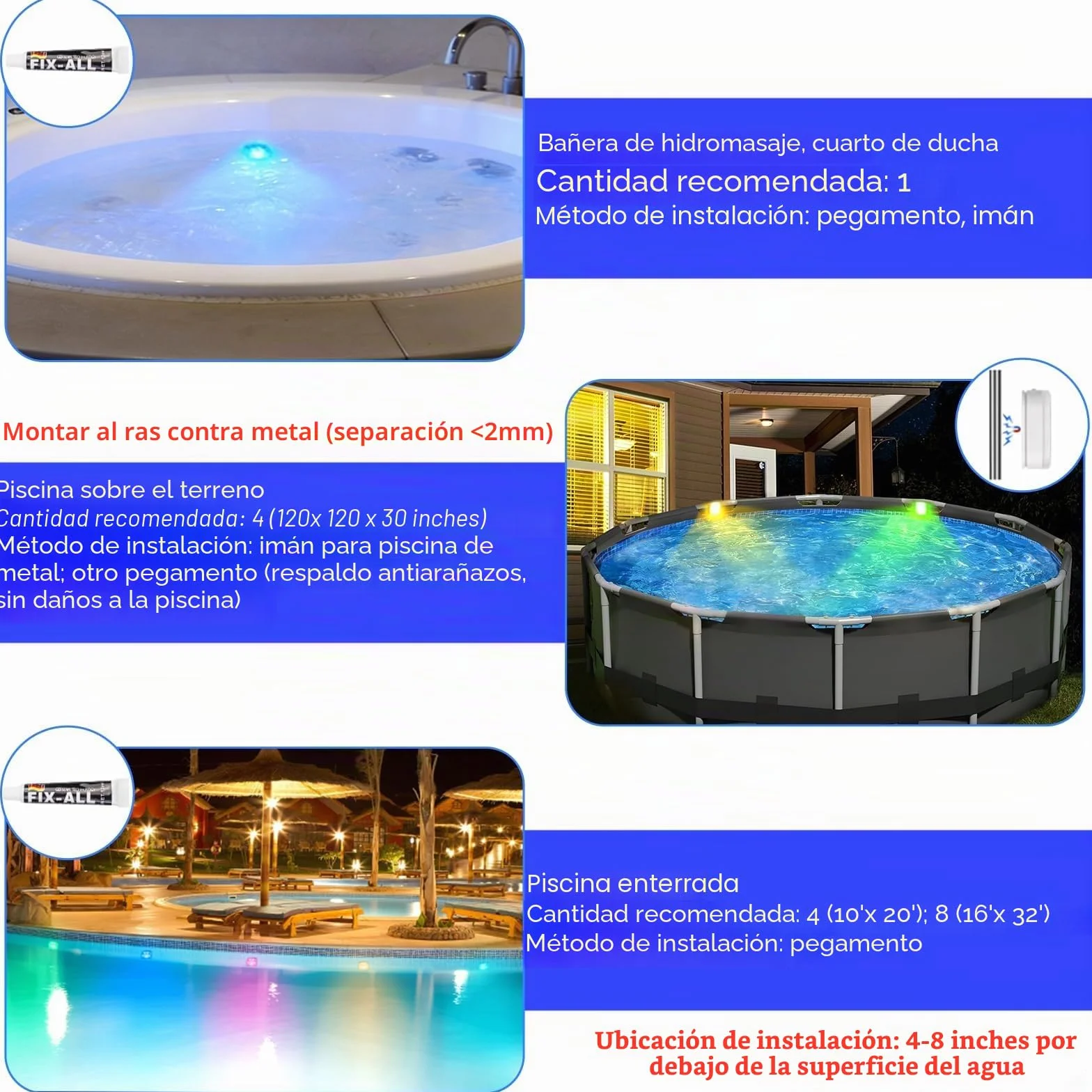Pack de 4 Luces Piscina Sumergibles LED Recargable IP68 16 Modos Color Control Remoto Imanes