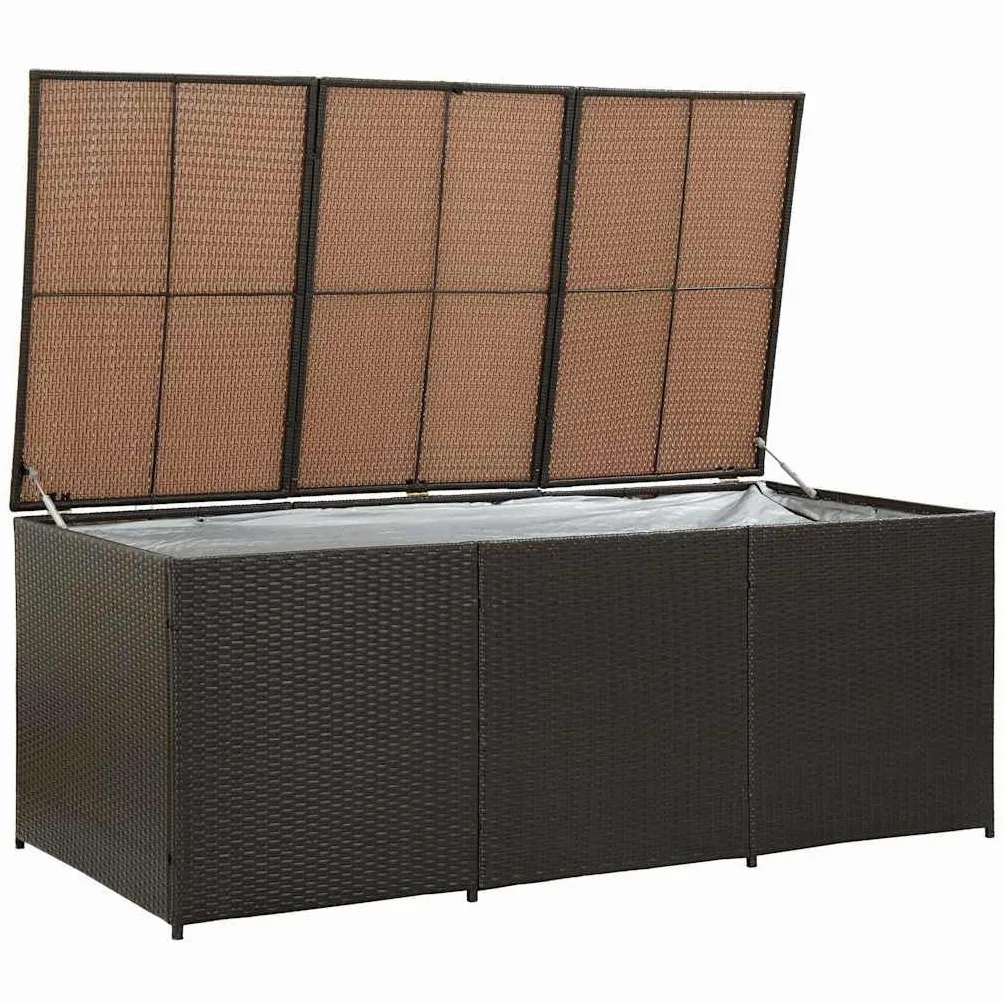 Baúl de almacenaje de polirratán 180 x 90 x 70 cm, color marrón, con tapa y muelle de gas para cojines de muebles de jardín, cojines y accesorios