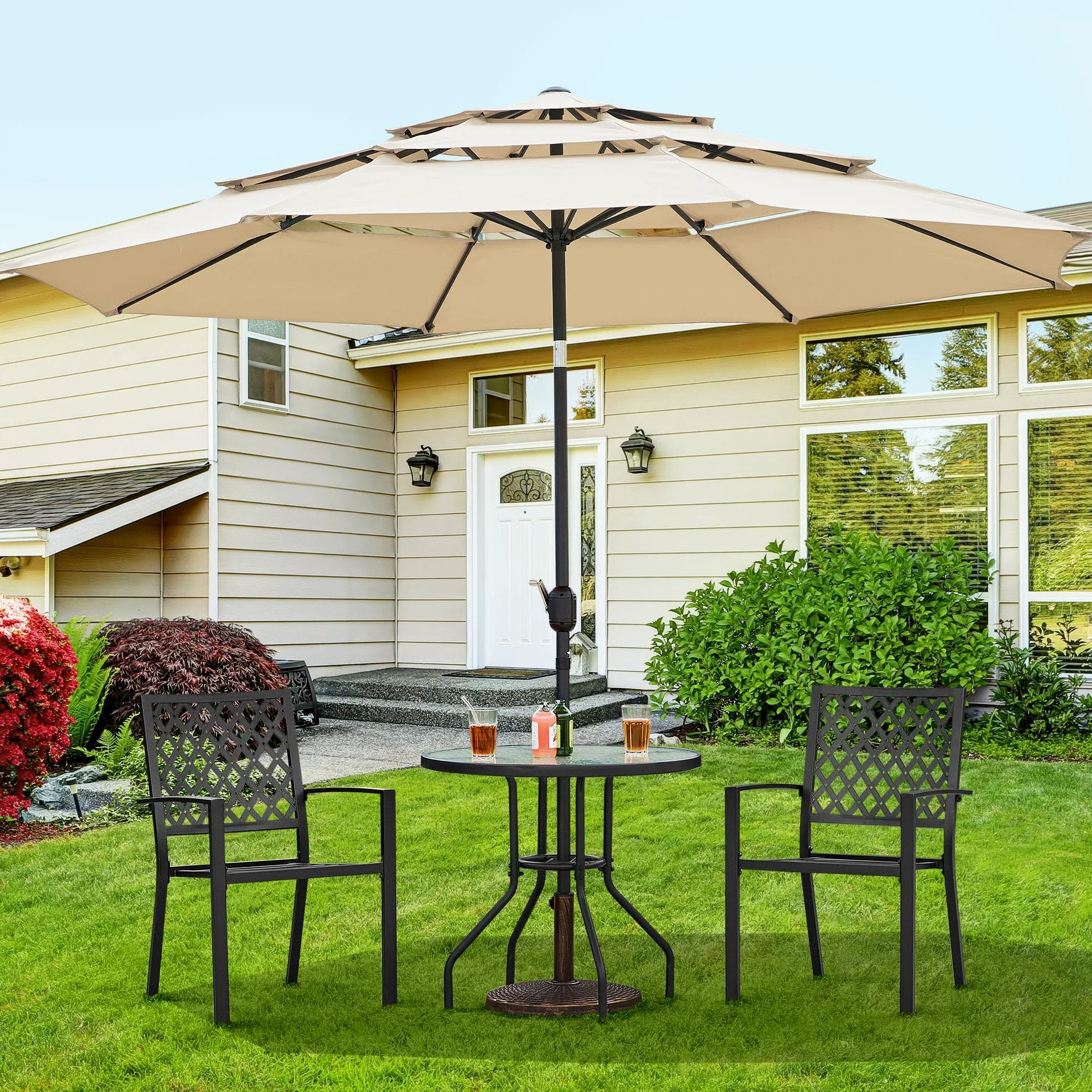 Yaheetech Mesa de Jardín 70cm de Diámetro Redonda de Vidrio Alto 73cm Negro | Vidrio Templado, con Orificio, Marco Duradero, Soporte Estable, Capacidad 45 kg, para Terraza/Jardín/Cafetería/Restaurante