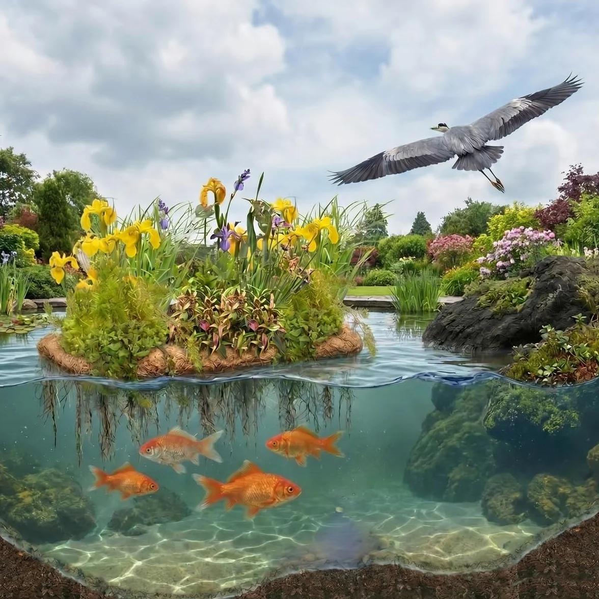 Isla Flotante para Estanque con Iris Azul, Set de Plantas Acuáticas 4x Iris kaempferi, Kit Completo con Cesta, Sustrato y Abono