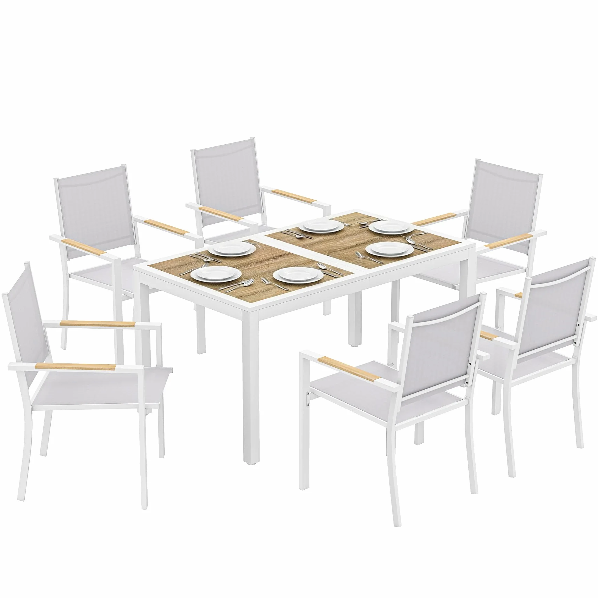 Outsunny Conjunto de Mesa y Sillas Jardín de 7 Piezas, Muebles Jardín Exterior con Mesa de Plástico PSPC, 6 Sillas Apilables Transpirables, Marco de Acero Resistente a la Intemperie, Blanco