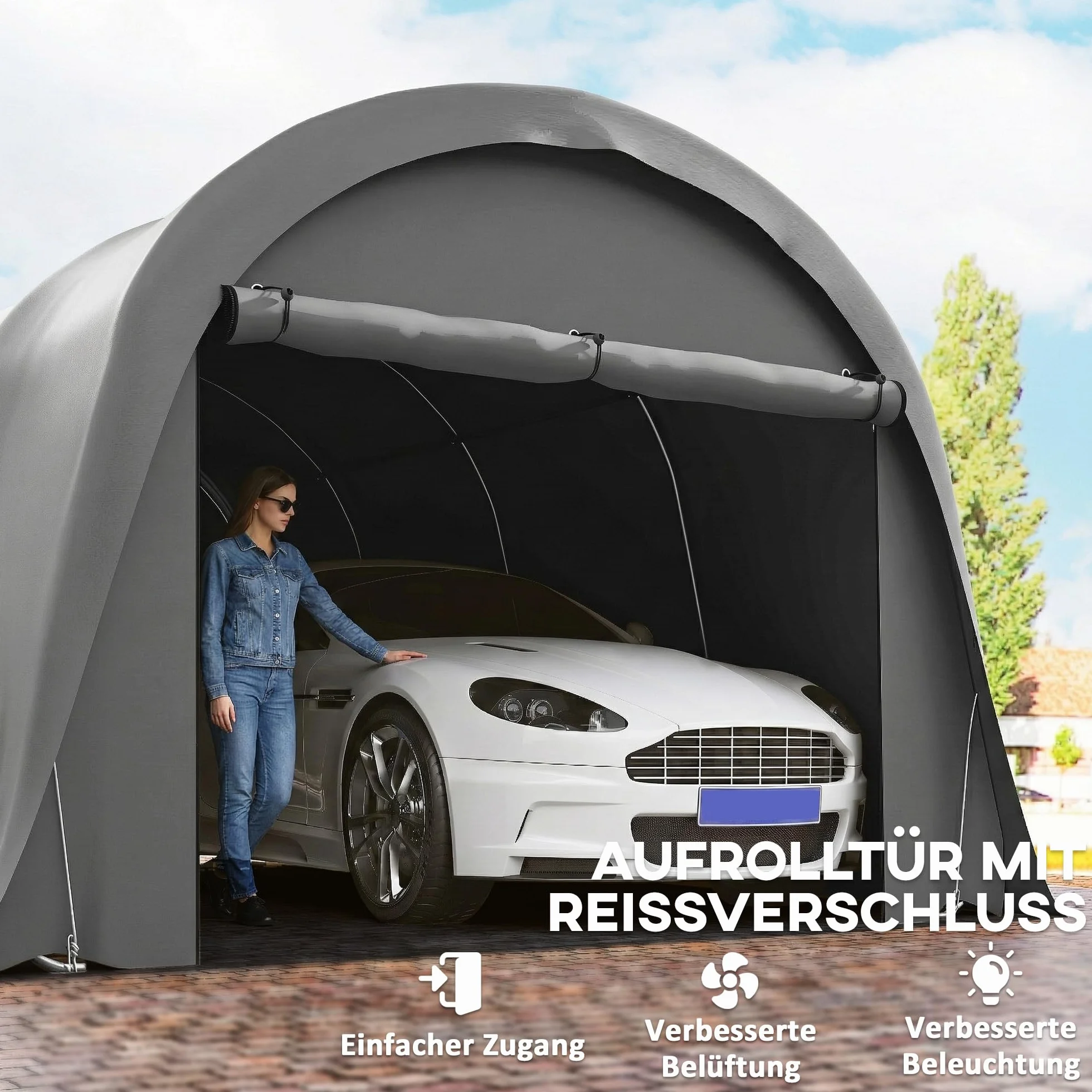 Outsunny Carport impermeable 3x6 m con paredes laterales extraíbles puerta enrollable techo arqueado UPF50+