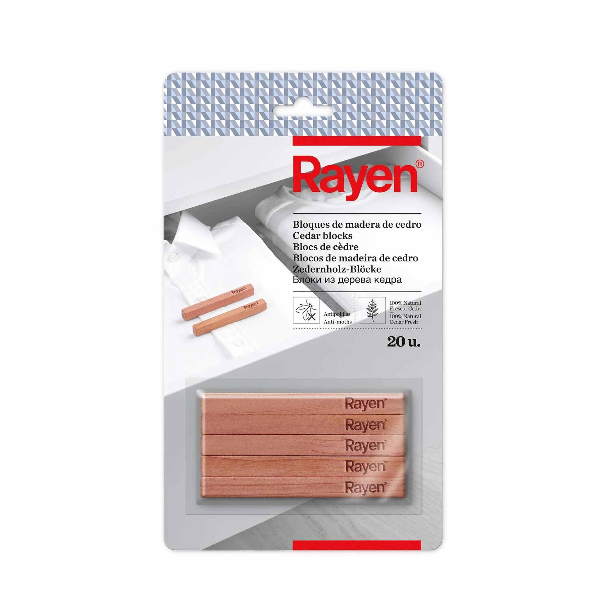 Rayen | Bloque de madera de cedro | Bloques anti-polillas | 100% natura | Elimina el moho y el olor | Dimensiones: 10 x 1 x 1cm | Pack de 20 unidades