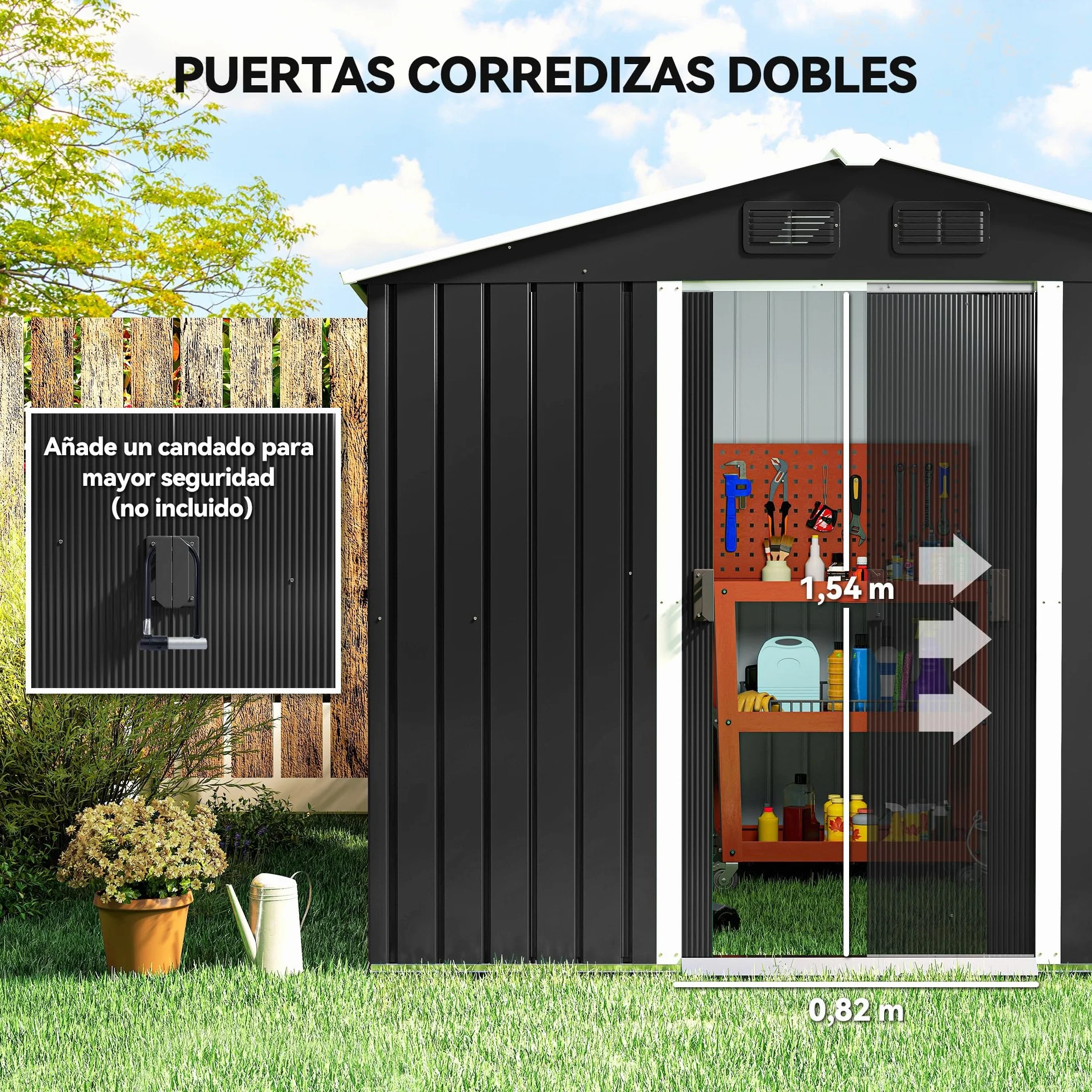 Outsunny Caseta de Jardín Exterior 3,6 m², 236x174x190 cm, Cobertizo Metálico con Puertas Correderas
