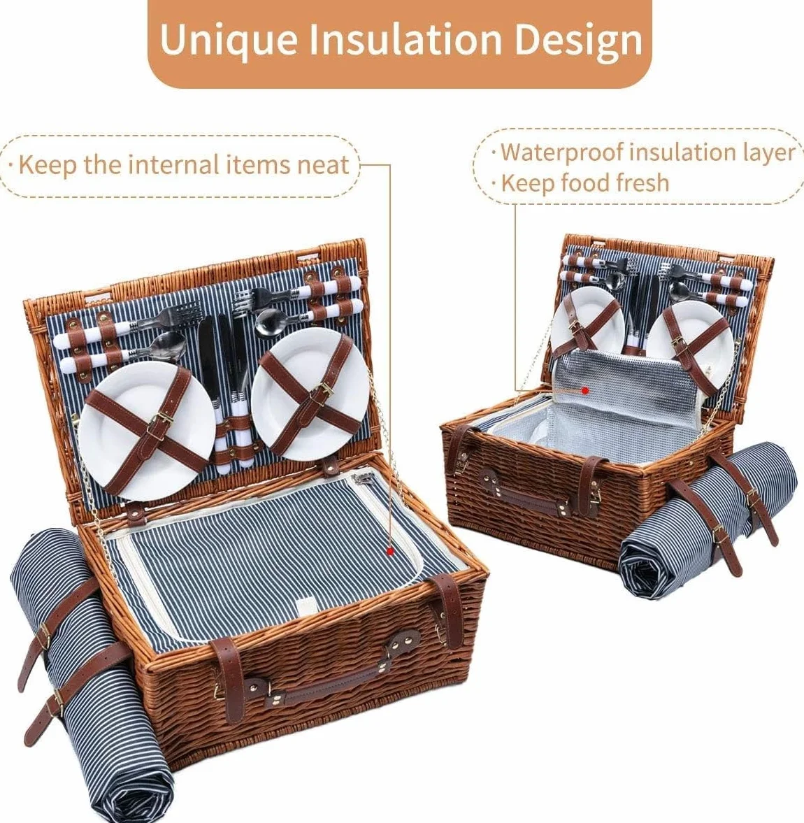 Cesta de Picnic de Mimbre para 4 Personas con Compartimento Aislado, Manta de Picnic Impermeable y Kit de Cubiertos, Canasta de Picnic para Camping, Excursiones