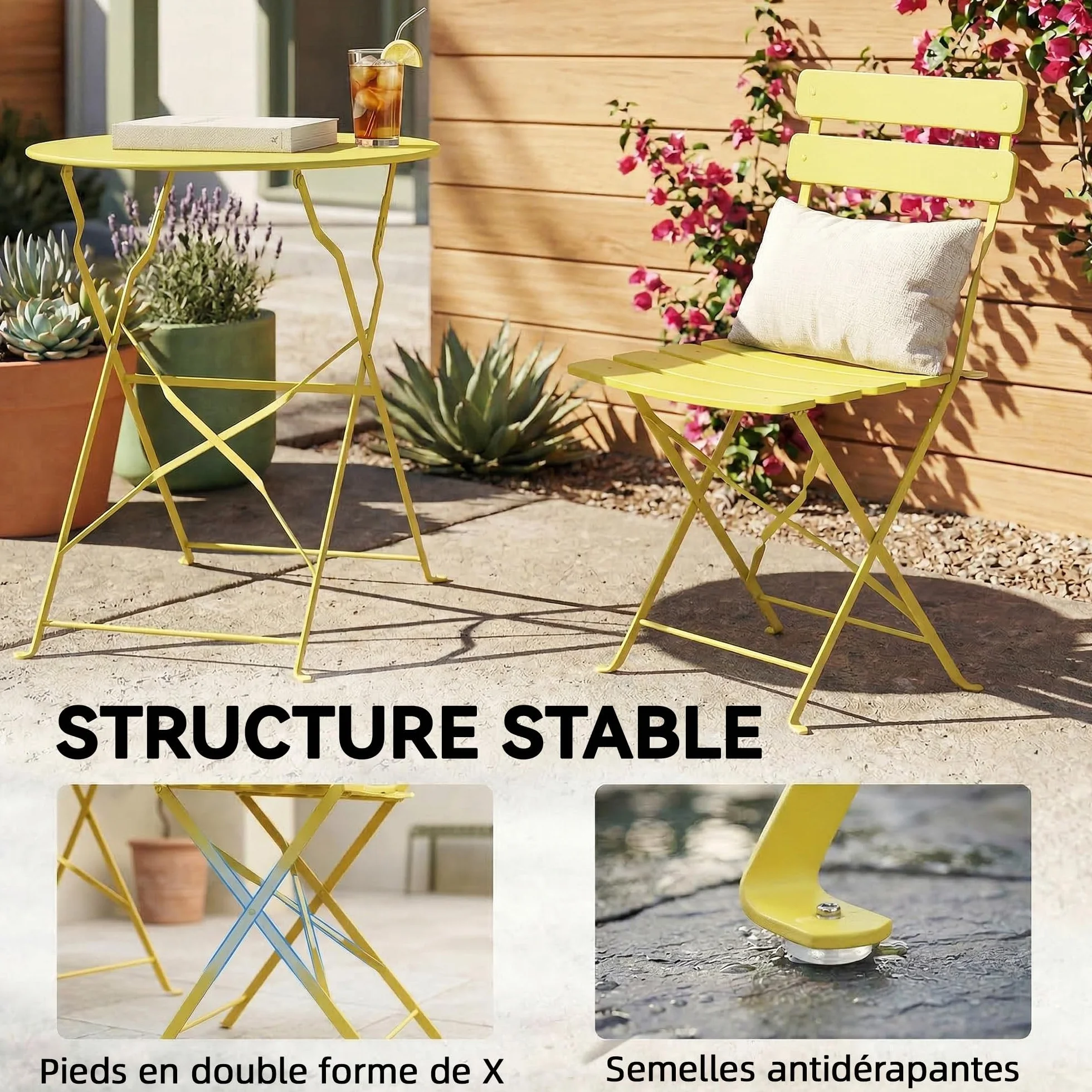 Outsunny Juego de bistró de jardín 3 Piezas Mesa y 2 sillas plegables de metal con doble protección antioxidante Amarillo