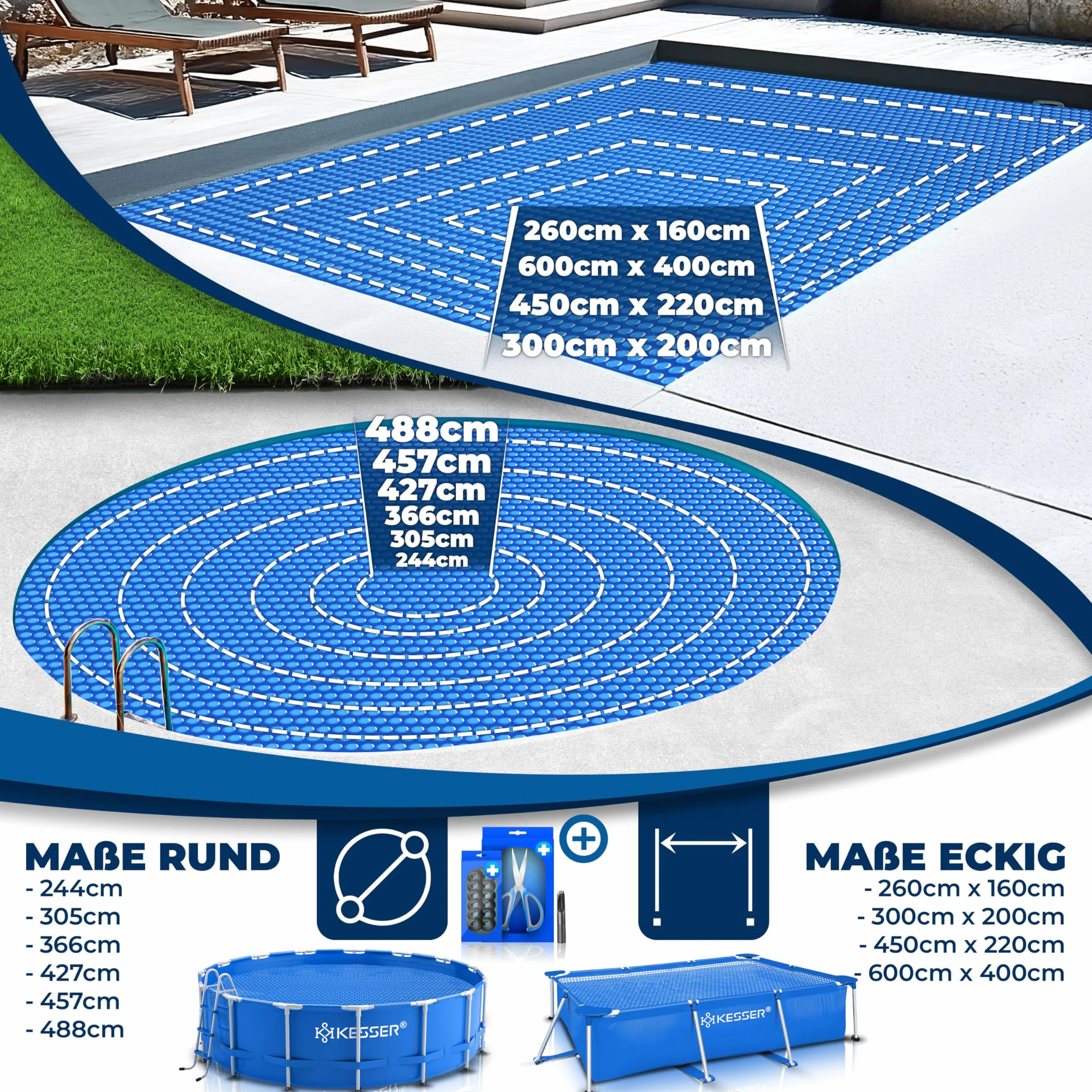 KESSER Lona Solar para Piscina Redonda Ø 244 cm, Azul, 600 x 400 cm