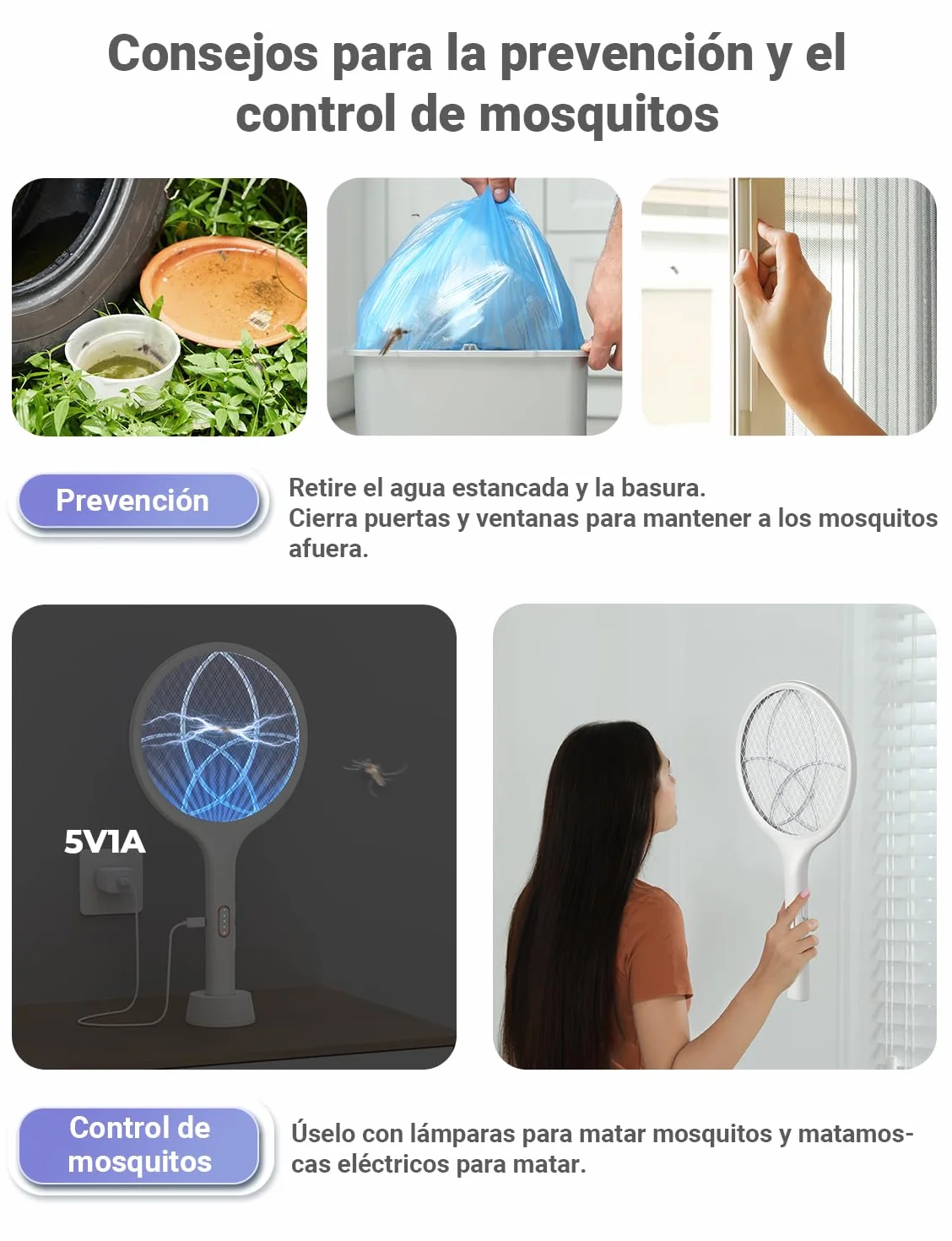 YISSVIC Raqueta Matamoscas Electrica 2 en 1 4000V Mata Mosquitos USB Recargable 1500mAh Blanco