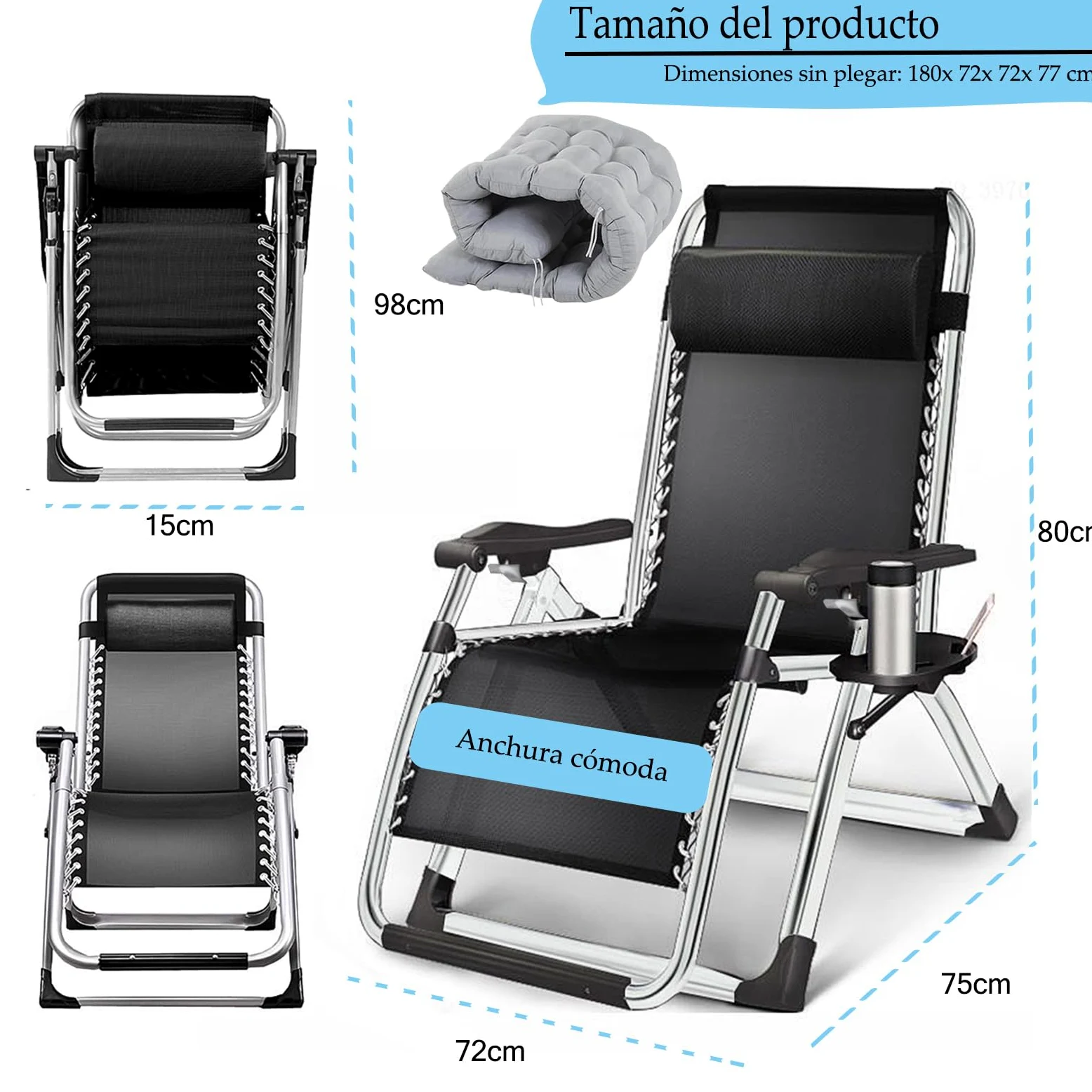 Tumbonas Gravedad Cero, Tumbona de Relax Silla de Jardín Plegable, para Playa, Piscina, Terraza,Camping.Carga Máxima 200kg (A-con Cojín Gris, Set de 1)