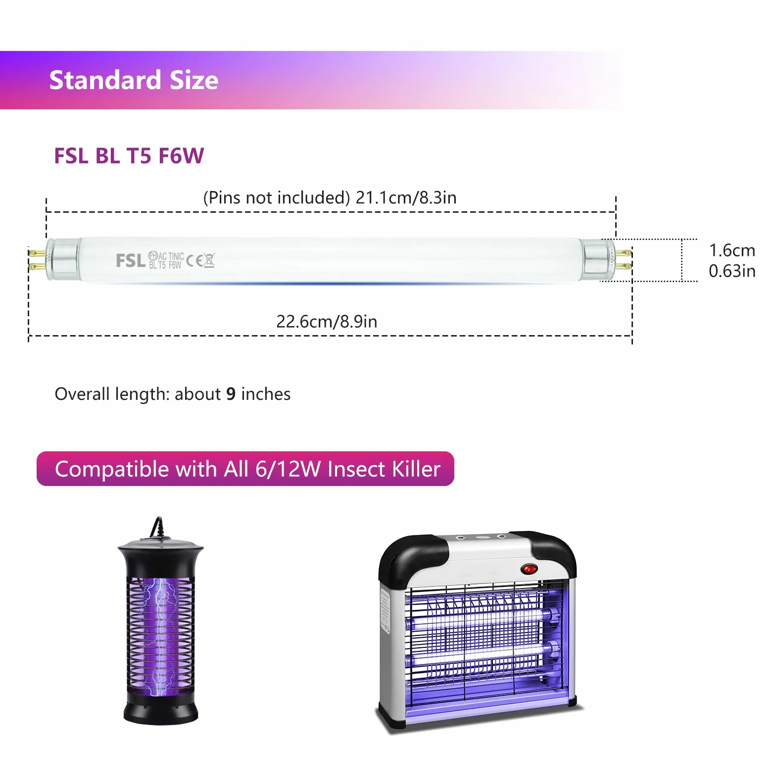 FSL BL T5 6W Lámparas de Repuesto UV 9 pulgadas para Atraer Moscas e Insectos (2 Paquete)