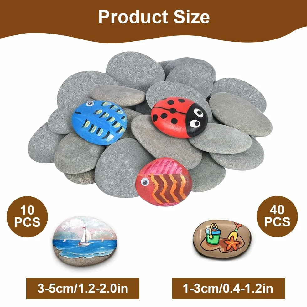 Piedras para Pintar de Roca, 50 Piezas, 1-3cm y 3-5cm, Guijarros de Playa, Manualidades, Decoración de Jardín