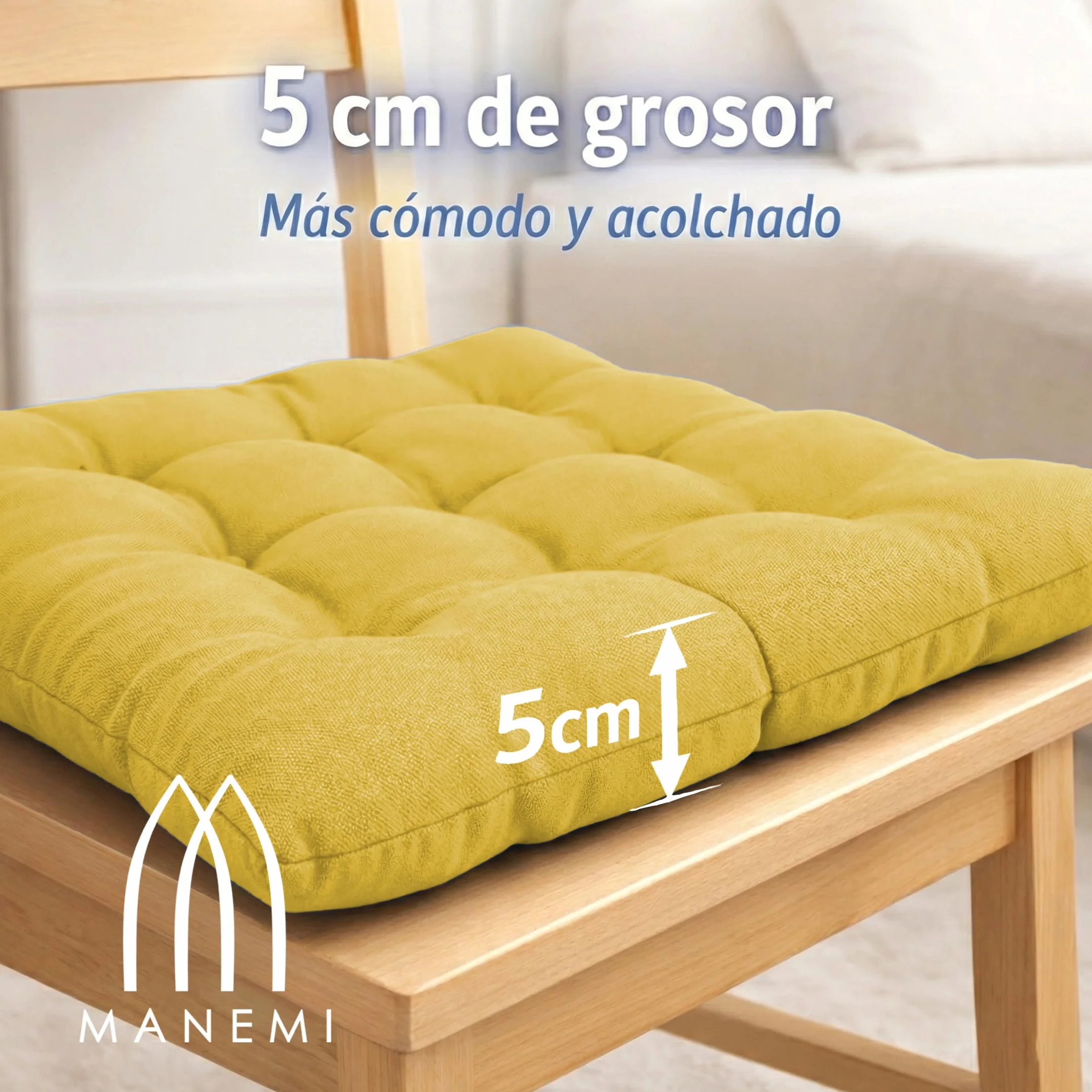 MANEMI Pack 4 Cojín para Silla 45x45x5 cm Repelente al Agua Fácil de Limpiar Cintas de sujeción Interior Exterior