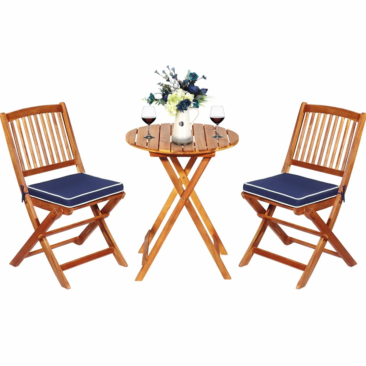 COSTWAY Juego de Mesa y 2 Sillas para Jardín Mueble de Madera Mesa Redonda Plegable Azul