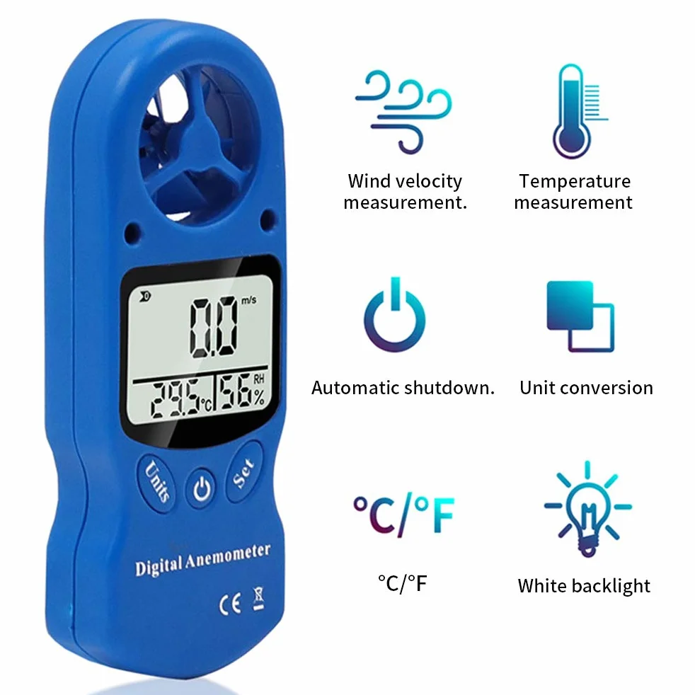 Anemómetro Portátil Digital 3 in 1, Medidor de Velocidad del Viento 0,3-30 m/s con Sensor de Temperatura y Humedad