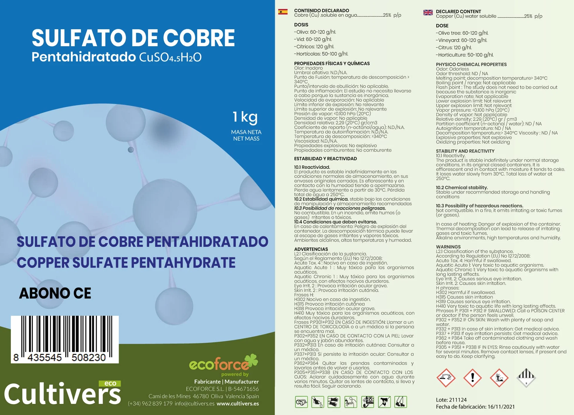 CULTIVERS Sulfato de Cobre 1 kg Polvo Mojable