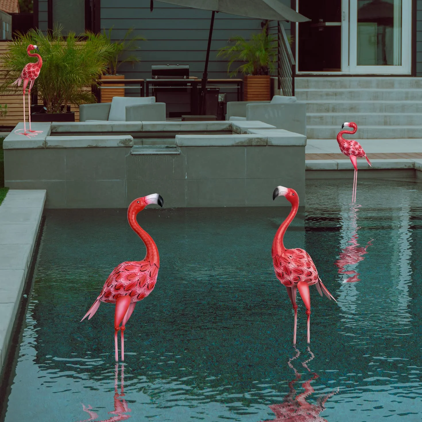 Estatuas de jardín de flamencos de Metal, esculturas de Flamenco Rojo para Patio, decoración al Aire Libre