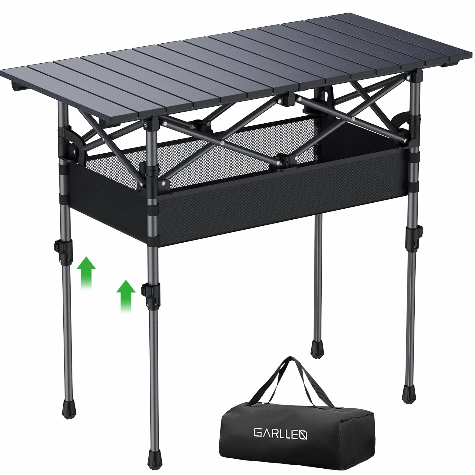 GARLLEN Mesa de Camping Plegable, 2 mesas de Picnic enrollables de Altura Ajustable con Red de Almacenamiento, Mesa de Aluminio Ligero para Exteriores con Bolsa de Transporte para Camping, Barbacoa
