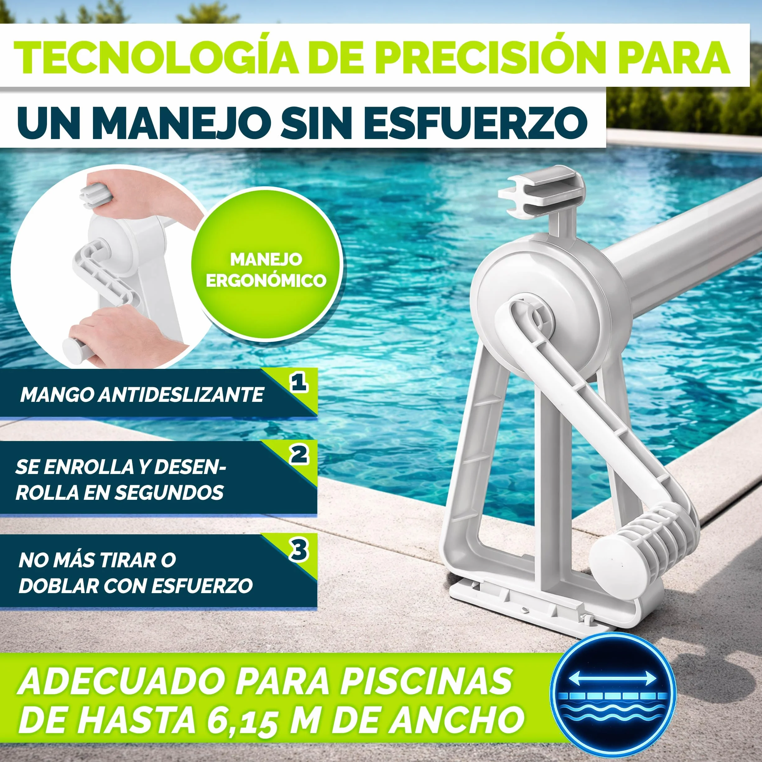 Tillvex Enrollador de Cubiertas para Piscinas 1,05-6,15 m con Termómetro Sistema Móvil de Enrollado para Lonas Láminas Solares