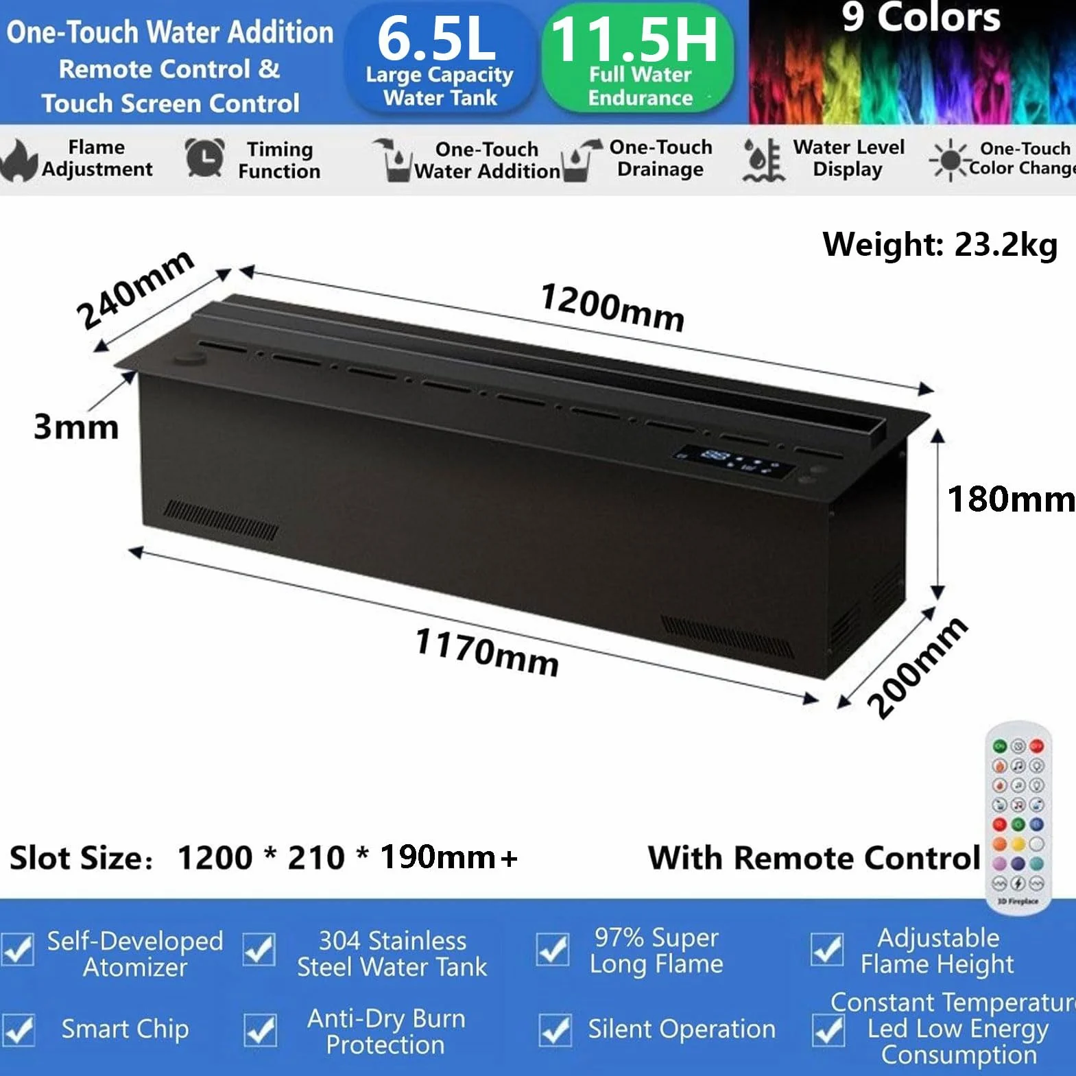 Chimenea de Vapor de Agua 3D, Humidificador Control Táctil/Remoto 100cm, Efecto de Llama 3D