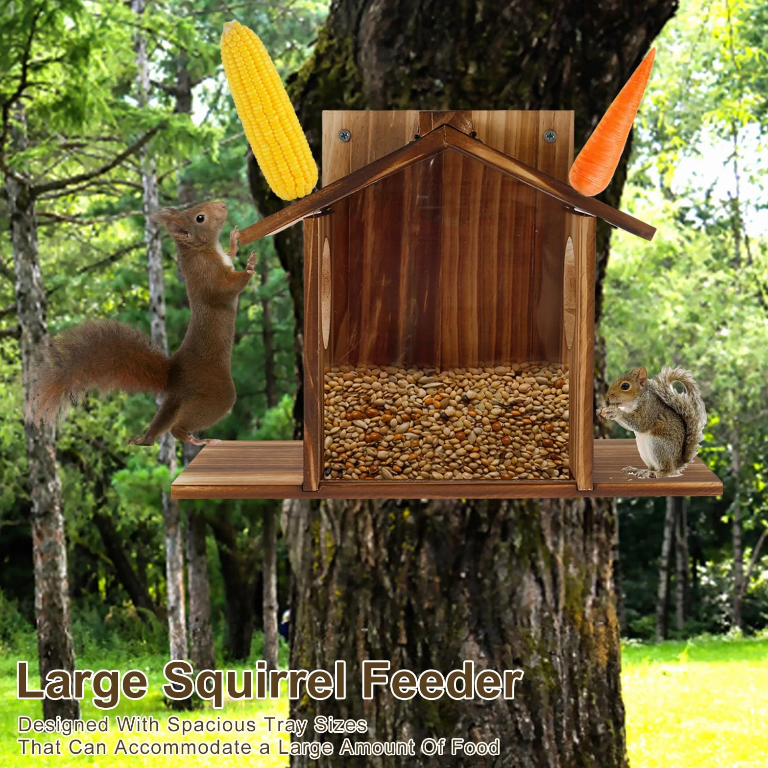 Comedero de ardillas de madera de gran capacidad, estación de alimentación fácil de llenar para cacahuetes