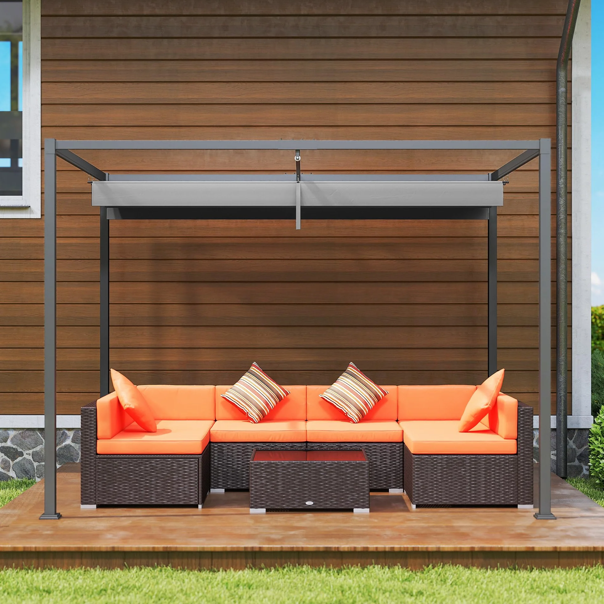 Outsunny Pérgola 3x2 m Cenador de Jardín Pabellón de Diseño Elegante con Techo Retráctil de Poliéster con Recubrimiento Resistente Anti-UV Impermeable para Celebraciones Fiestas Bodas Gris