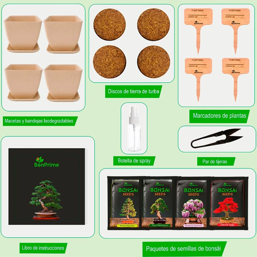 Kit Bonsai para Principiantes - Set de Cultivo con 4 Semillas, Macetas de Bambú, Turbas, Marcadores, Pinzas y Spray