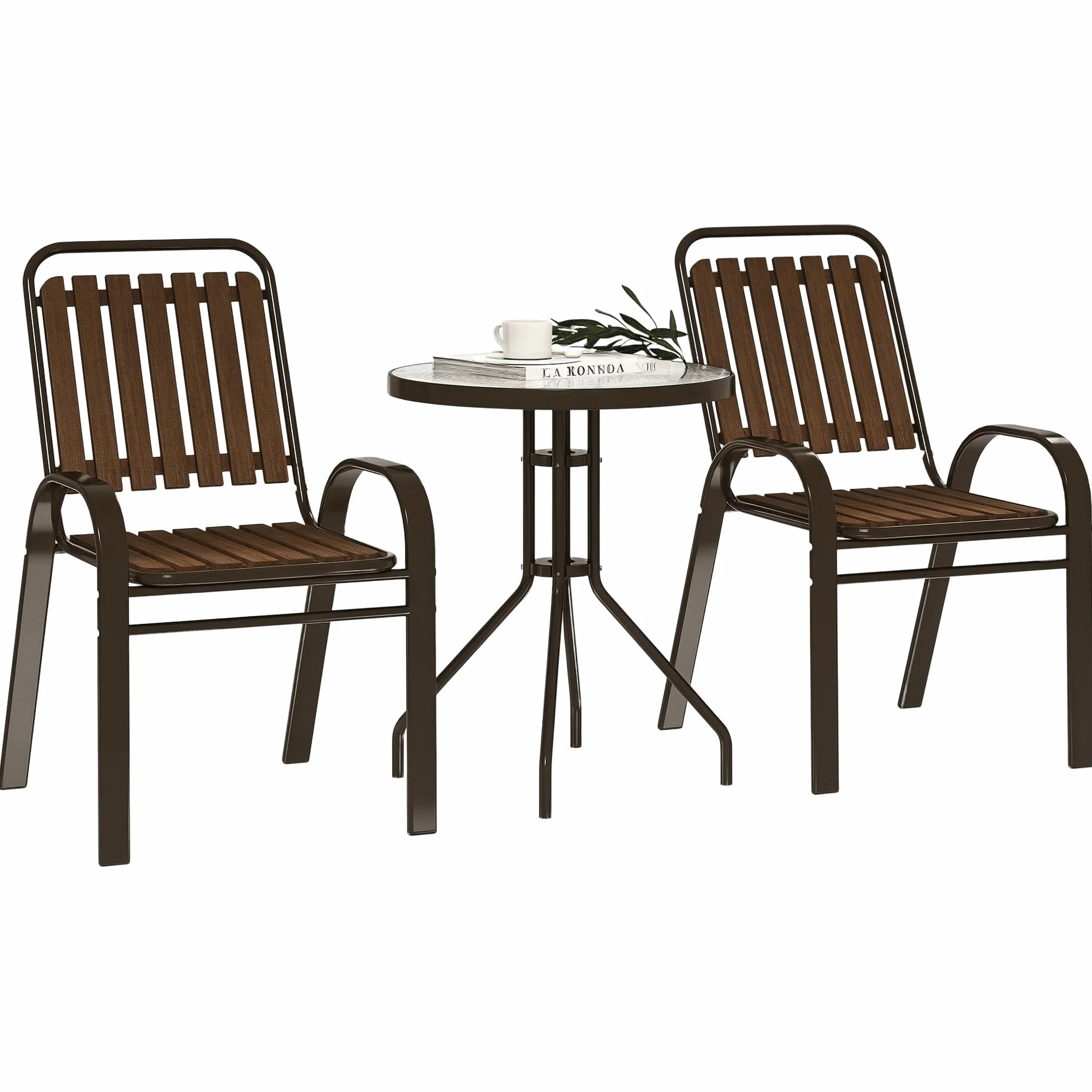 Outsunny Conjunto Jardín 3 Piezas Muebles Jardín Sillas Apilables Mesa Vidrio Templado Acero Terraza Patio Marrón Oscuro