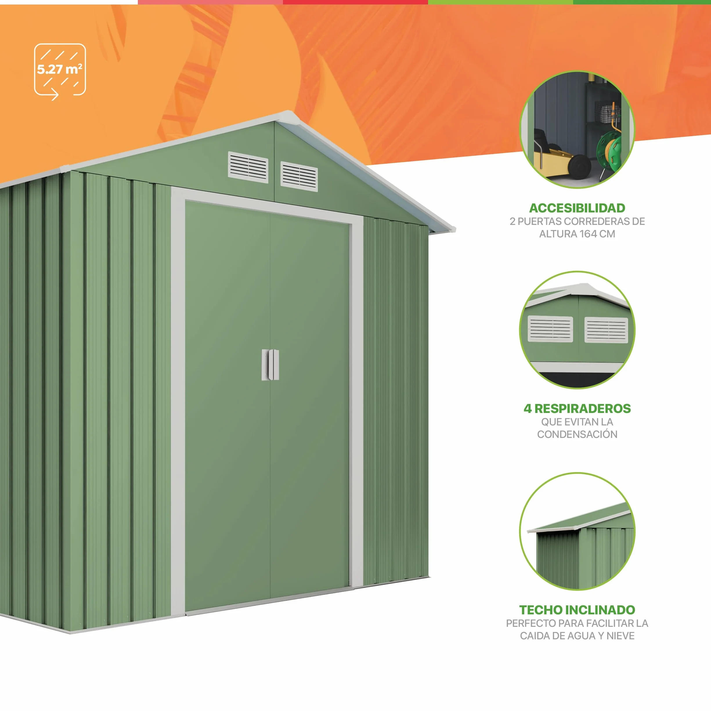Wasabi Caseta Jardín Exterior 5,27 m2 Light Green Doble Puerta Corredera Cobertizo Metálico Almacenaje