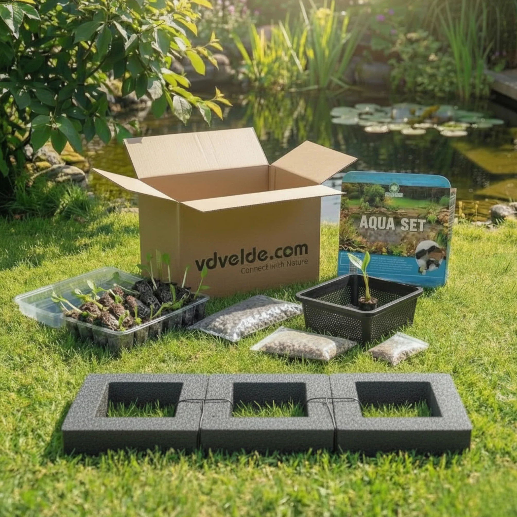 Isla Flotante para Estanque con Iris Azul, Set de Plantas Acuáticas 4x Iris kaempferi, Kit Completo con Cesta, Sustrato y Abono