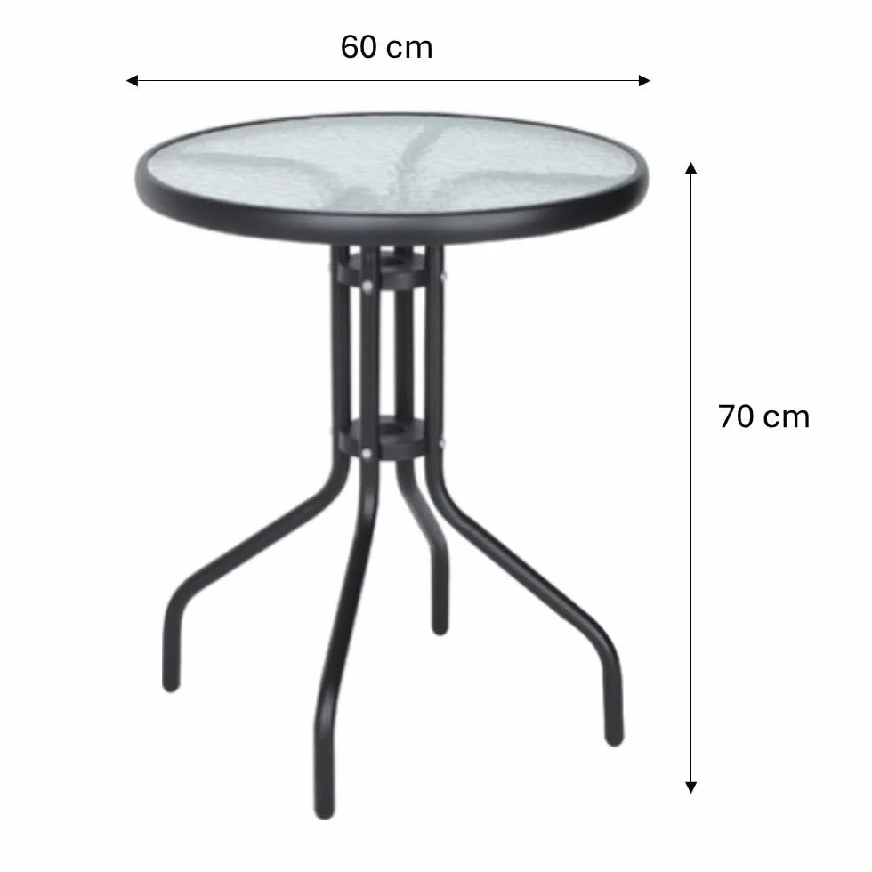 Monty Set de Jardín Bistro 3 Piezas Mesa 60cm 2 Sillas Plegables Negras Acero Polipropileno Cristal Templado
