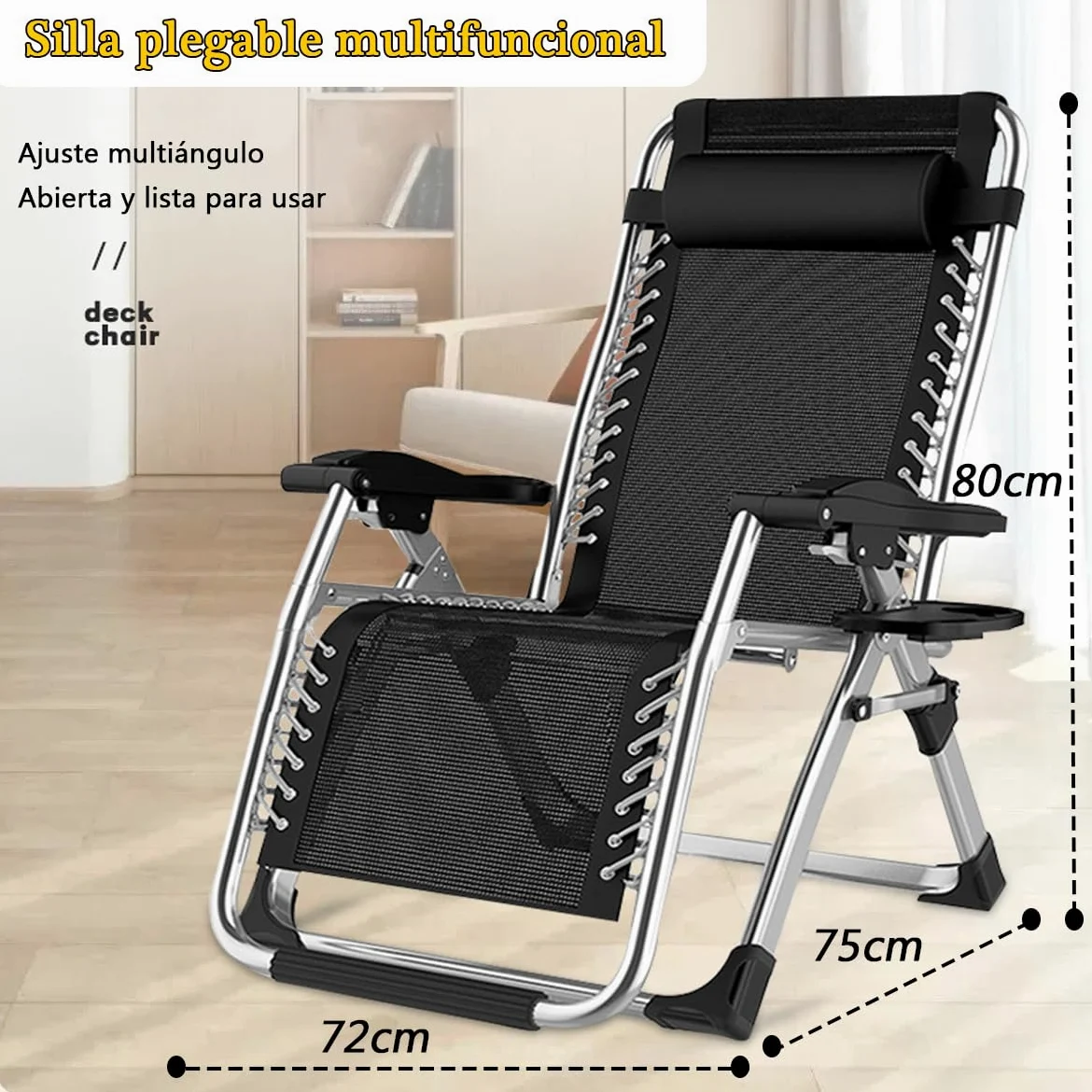 Tumbona Plegable Interior, Tumbonas Jardin Exterior Acolchada Pack de 2 Silla Gravedad Cero Reclinable Camping con Soporte para Bebidas Carga MáXima 200kg (Cojín Negro)