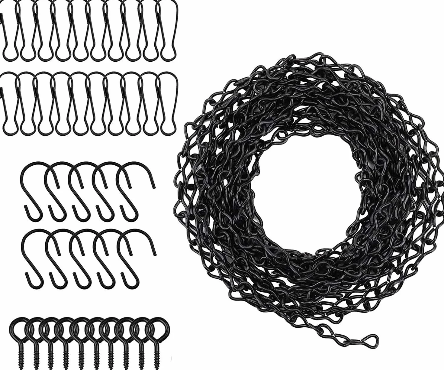 KAHEIGN Cadena Colgante Ajustable 500cm Acero Negro con 10 Ganchos 20 Clips
