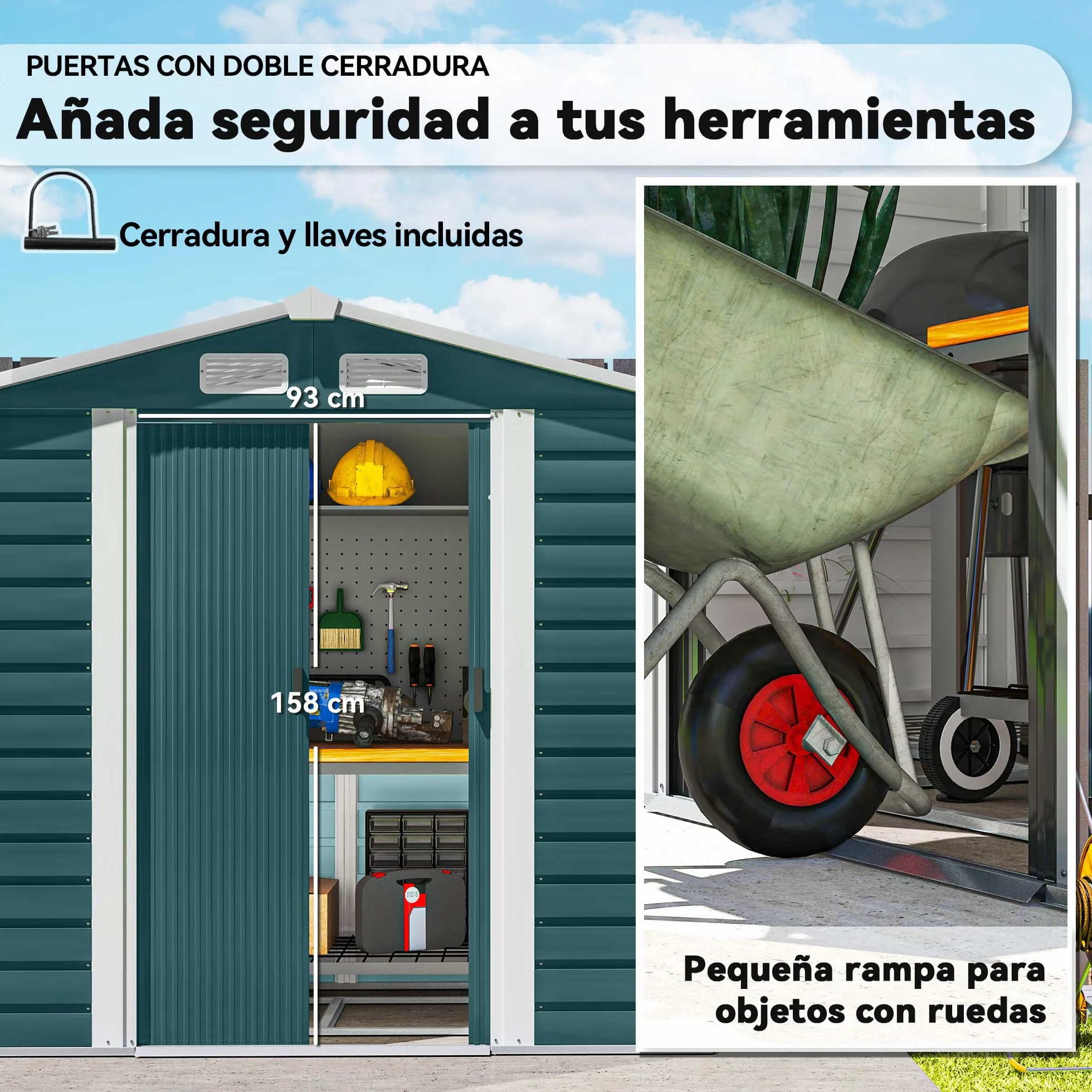 Outsunny Caseta de Jardín Exterior 2,36m² 213x120x194 cm Cobertizo con Base Refuerzo Puertas Correderas Dobles Candado Ventanas Verde Oscuro