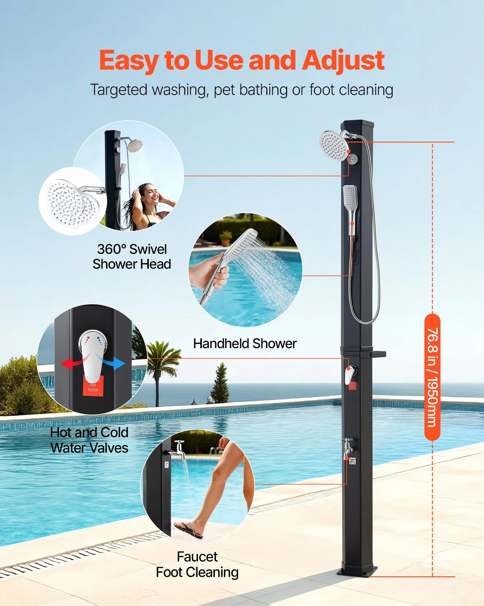 VEVOR Ducha Solar 40 litros 205 cm Exterior Grifo Rociador Cabezal Giratorio 360° Agua Fría Caliente PVC Reforzado Negro