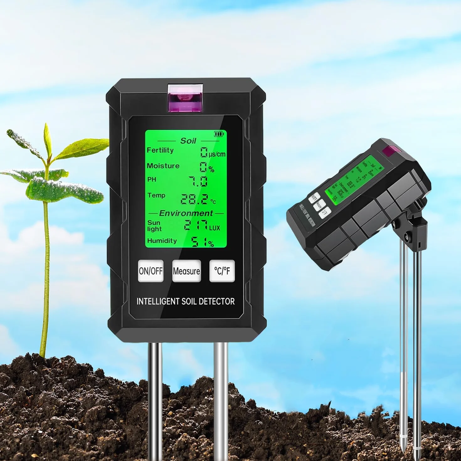 Medidor de Suelo 6 en 1 pH Humedad Temperatura Luz Solar Doble Sonda Pantalla LCD