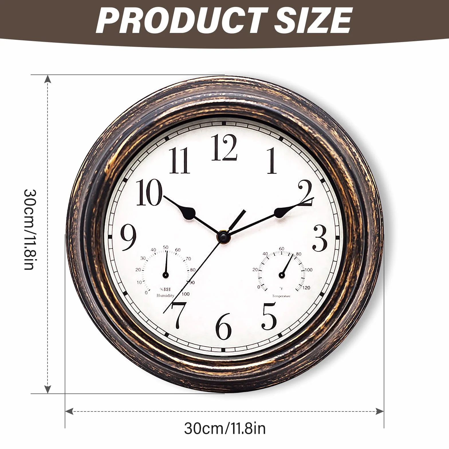 SUNOYA Reloj de jardín exterior 30 cm resistente al agua termómetro higrómetro reloj de pared retro