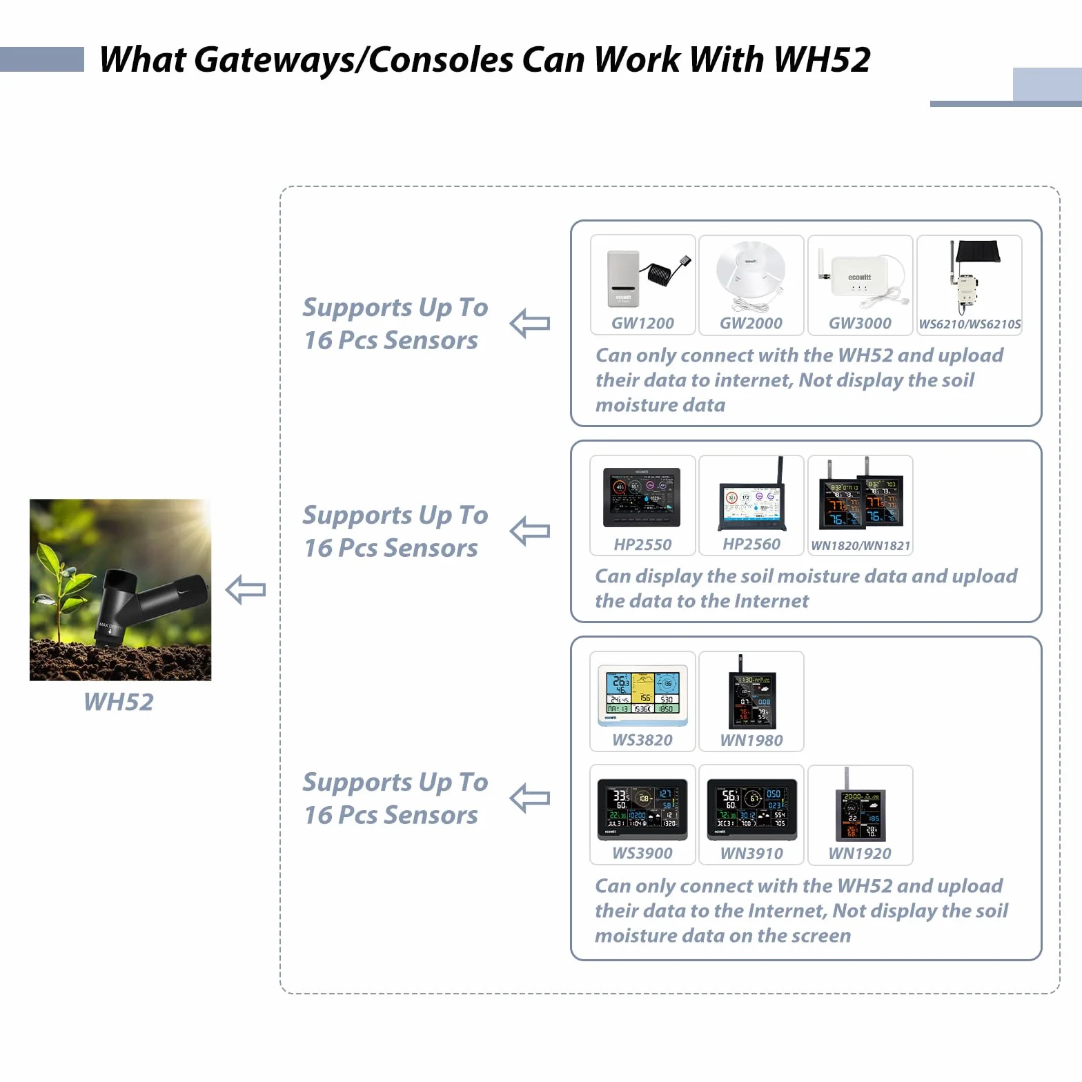 ECOWITT WH52 Sensor de Humedad del Suelo 3 en 1 16 Canales + EC + Temperatura, Higrómetro para Plantas Interior/Exterior