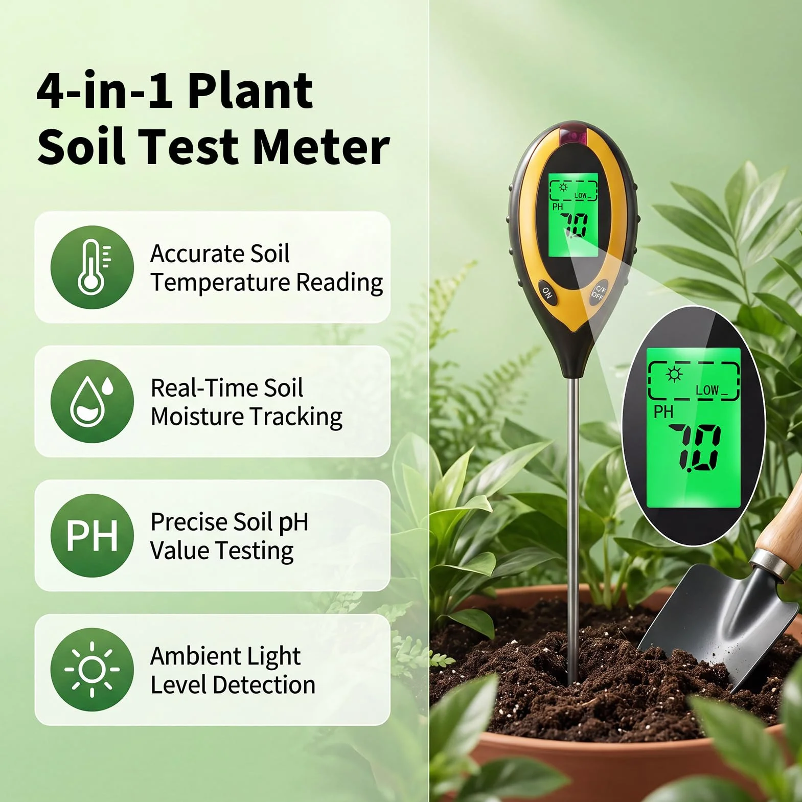 Medidor Humedad Plantas 4 en 1 Digital LCD, Medidor pH Tierra, Humedad Temperatura Luz, Suelo Jardín Huerto